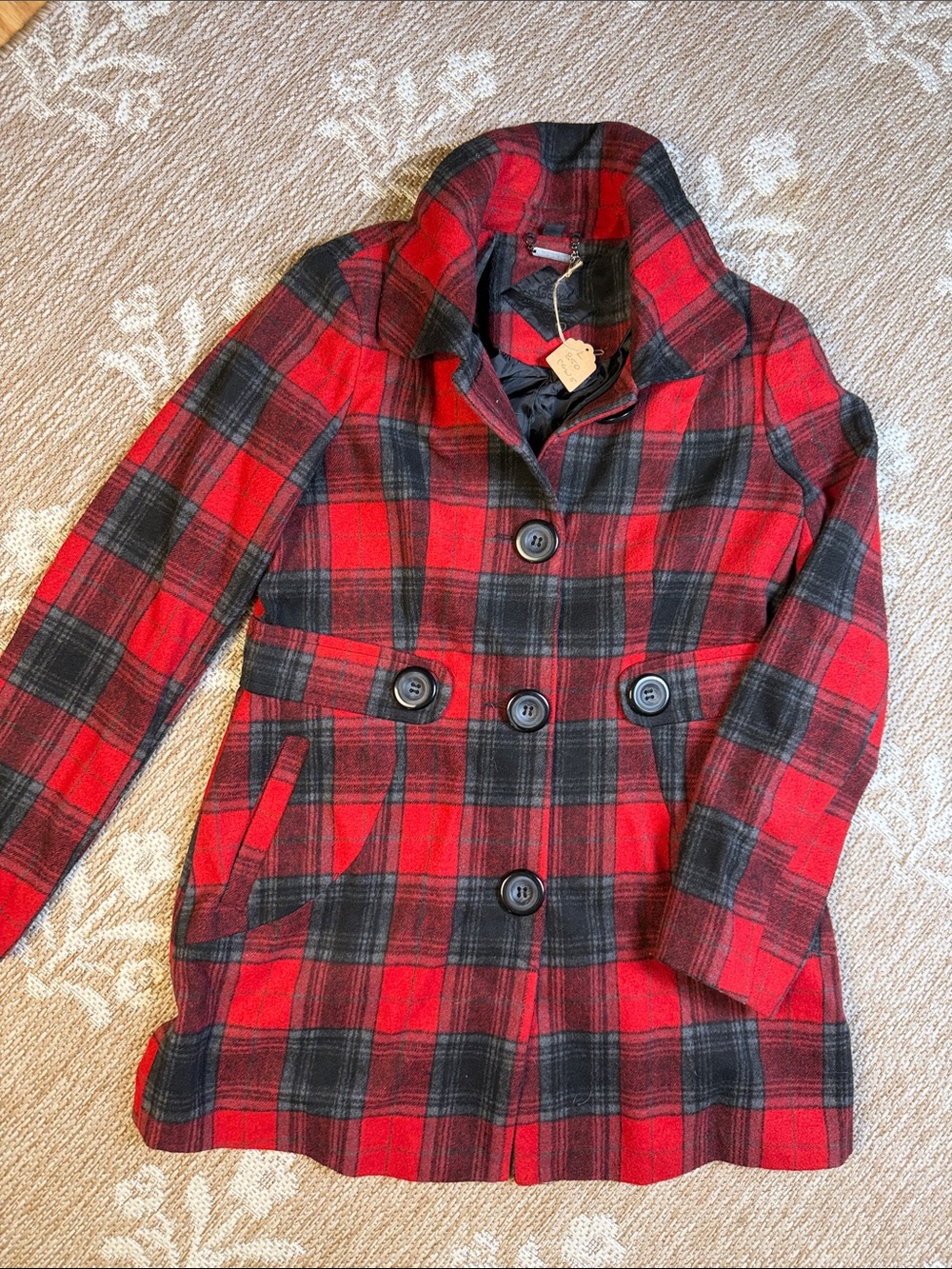 Jou Jou Red and Black Plaid Peacoat Jacket - Women's
